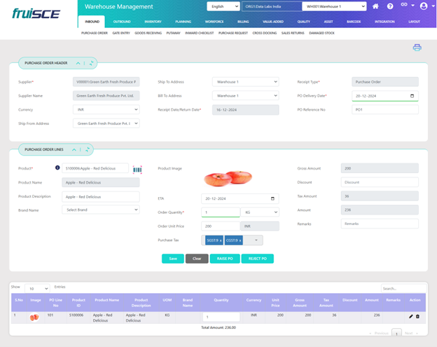 Purchase Order Screen